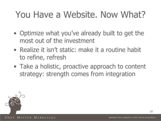 You Have a Website. Now What?
• Optimize what you’ve already built to get the
  most out of the investment
• Realize it isn’t static: make it a routine habit
  to refine, refresh
• Take a holistic, proactive approach to content
  strategy: strength comes from integration




                                                     10
 