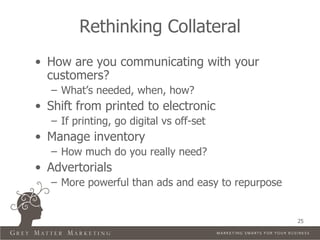 Rethinking Collateral
• How are you communicating with your
  customers?
   – What’s needed, when, how?
• Shift from printed to electronic
   – If printing, go digital vs off-set
• Manage inventory
   – How much do you really need?
• Advertorials
   – More powerful than ads and easy to repurpose


                                                    25
 