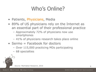 Who’s Online?
• Patients, Physicians, Media
• 89% of US physicians rely on the Internet as
  an essential part of their professional practice
   – Approximately 72% of physicians now use
     smartphones
   – 41% of physicians research takes place online
• Sermo = Facebook for doctors
   – Over 115,000 practicing MDs participating
   – 68 specialties




    Source: Manhattan Research, 2010                 8
 