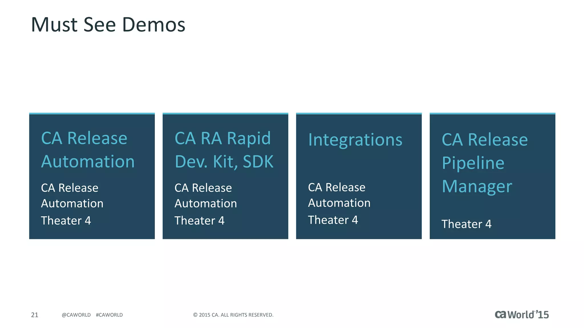 21 © 2015 CA. ALL RIGHTS RESERVED.@CAWORLD #CAWORLD
Must See Demos
CA Release
Automation
CA Release
Automation
Theater 4
CA
Continuous
Delivery
Director
Theater 4
CA RA Rapid
Dev. Kit, SDK
CA Release
Automation
Theater 4
Integrations
CA Release
Automation
Theater 4
 
