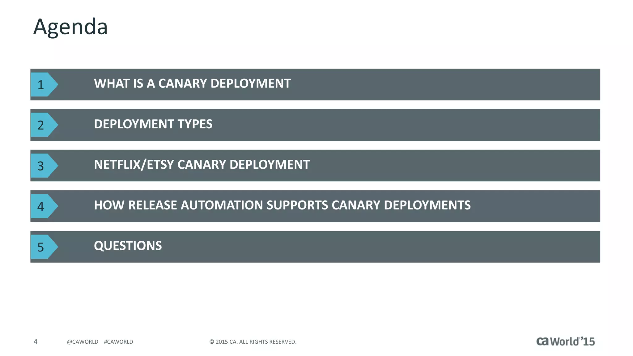 4 © 2015 CA. ALL RIGHTS RESERVED.@CAWORLD #CAWORLD
Agenda
WHAT IS A CANARY DEPLOYMENT
DEPLOYMENT TYPES
NETFLIX/ETSY CANARY DEPLOYMENT
HOW RELEASE AUTOMATION SUPPORTS CANARY DEPLOYMENTS
QUESTIONS
1
2
3
4
5
 
