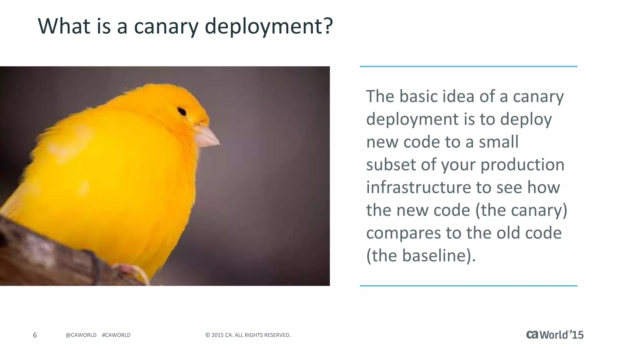 6 © 2015 CA. ALL RIGHTS RESERVED.@CAWORLD #CAWORLD
What is a canary deployment?
The basic idea of a canary
deployment is to deploy
new code to a small
subset of your production
infrastructure to see how
the new code (the canary)
compares to the old code
(the baseline).
 