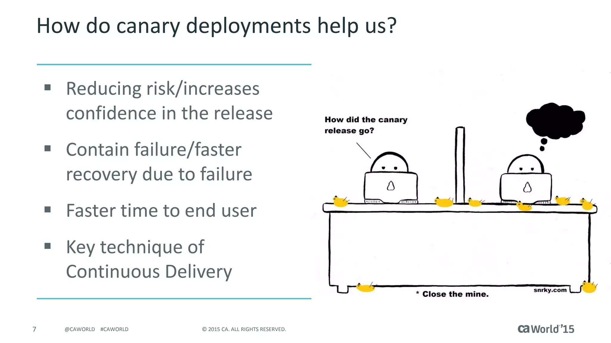 7 © 2015 CA. ALL RIGHTS RESERVED.@CAWORLD #CAWORLD
How do canary deployments help us?
 Reducing risk/increases
confidence in the release
 Contain failure/faster
recovery due to failure
 Faster time to end user
 Key technique of
Continuous Delivery
 