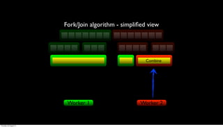 Fork/Join algorithm - simpliﬁed view




                                                        Combine




                          Worker 1                    Worker 2


Thursday, 30 August 12
 