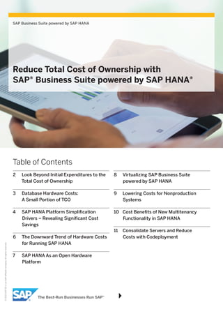 ©2015SAPSEoranSAPaffiliatecompany.Allrightsreserved.
SAP Business Suite powered by SAP HANA
Reduce Total Cost of Ownership with
SAP® Business Suite powered by SAP HANA®
Table of Contents
2	 Look Beyond Initial Expenditures to the
Total Cost of Ownership
3	 Database Hardware Costs:
A Small Portion of TCO
4	 SAP HANA Platform Simplification
Drivers – Revealing Significant Cost
Savings
6	 The Downward Trend of Hardware Costs
for Running SAP HANA
7	 SAP HANA As an Open Hardware
Platform
8	 Virtualizing SAP Business Suite
powered by SAP HANA
9	 Lowering Costs for Nonproduction
Systems
10	 Cost Benefits of New Multitenancy
Functionality in SAP HANA
11	 Consolidate Servers and Reduce
Costs with Codeployment
 