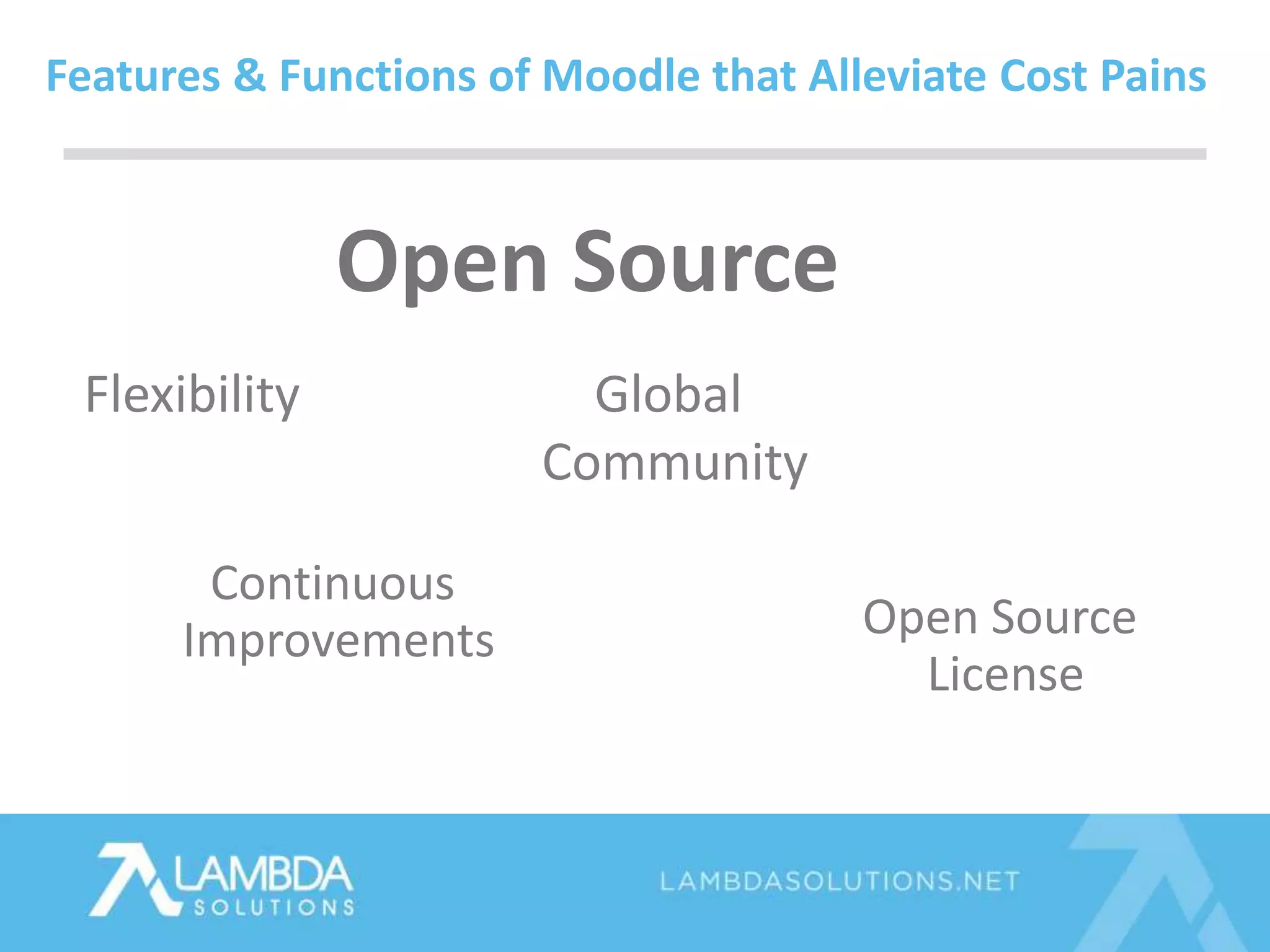 Open Source
Features & Functions of Moodle that Alleviate Cost Pains
Flexibility
Continuous
Improvements
Global
Community
Open Source
License
 