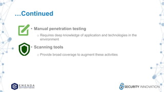 …Continued
• Manual penetration testing
o Requires deep knowledge of application and technologies in the
environment
• Scanning tools
o Provide broad coverage to augment these activities
 