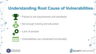 Understanding Root Cause of Vulnerabilities
• Failure to set requirements and standards
• Not enough training and education
• Lack of process
• Vulnerabilities are unintended functionality
 