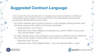 Suggested Contract Language
In the event of a Security Breach or if Supplier has reason to believe a Software
vulnerability exists, Supplier shall respond within the specified turnaround time
according to the following service levels:
• (a) Critical: Attacker gains access to admin or root privileges allowing remote read
and write access to the system and remote commands.
• Response time: 2 to 3 hours
• Resolution time: Risk mitigated immediately (e.g. system offline if necessary),
risk resolved within 3 days.
• (b) High: Attacker gains user privileges or can execute a denial of service (DOS) for
any users on the system. Partial and/or read access to the sensitive data.
• Response time: 8 hours
• Resolution time: Risk mitigated within 1 day, risk resolved within 1 week
 