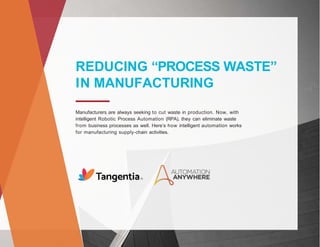 REDUCING “PROCESS WASTE”
IN MANUFACTURING
Manufacturers are always seeking to cut waste in production. Now, with
intelligent Robotic Process Automation (RPA), they can eliminate waste
from business processes as well. Here’s how intelligent automation works
for manufacturing supply-chain activities.
 