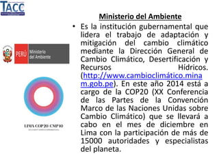 Ministerio del Ambiente
• Es la institución gubernamental que
lidera el trabajo de adaptación y
mitigación del cambio climático
mediante la Dirección General de
Cambio Climático, Desertificación y
Recursos Hídricos.
(http://www.cambioclimático.mina
m.gob.pe). En este año 2014 está a
cargo de la COP20 (XX Conferencia
de las Partes de la Convención
Marco de las Naciones Unidas sobre
Cambio Climático) que se llevará a
cabo en el mes de diciembre en
Lima con la participación de más de
15000 autoridades y especialistas
del planeta.
 