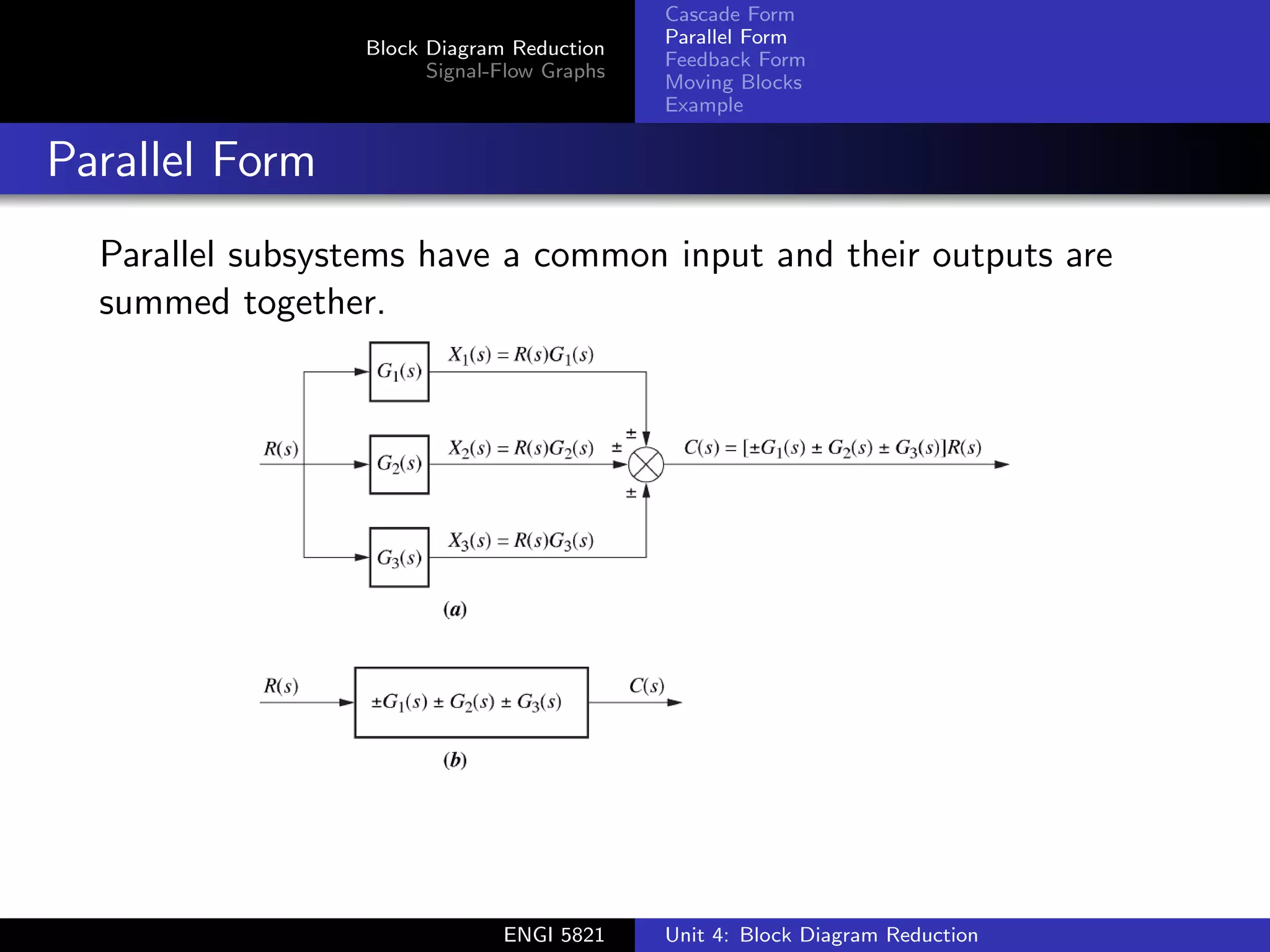 Block Diagram Reduction
Signal-Flow Graphs
Cascade Form
Parallel Form
Feedback Form
Moving Blocks
Example
Parallel Form
Parallel subsystems have a common input and their outputs are
summed together.
ENGI 5821 Unit 4: Block Diagram Reduction
 