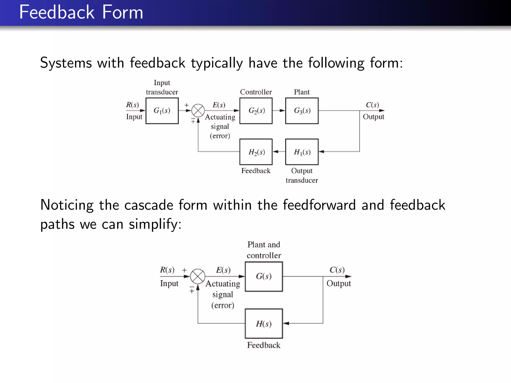 Feedback Form
Systems with feedback typically have the following form:
Noticing the cascade form within the feedforward and feedback
paths we can simplify:
 