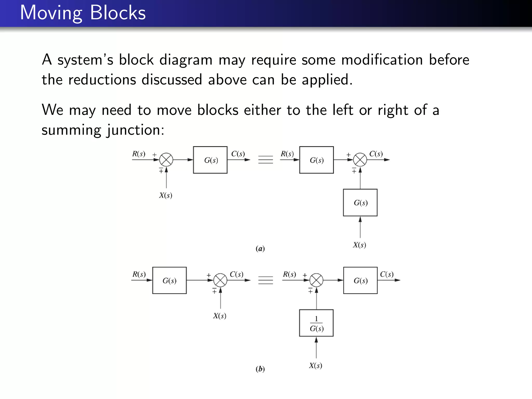 Moving Blocks
A system’s block diagram may require some modification before
the reductions discussed above can be applied.
We may need to move blocks either to the left or right of a
summing junction:
 