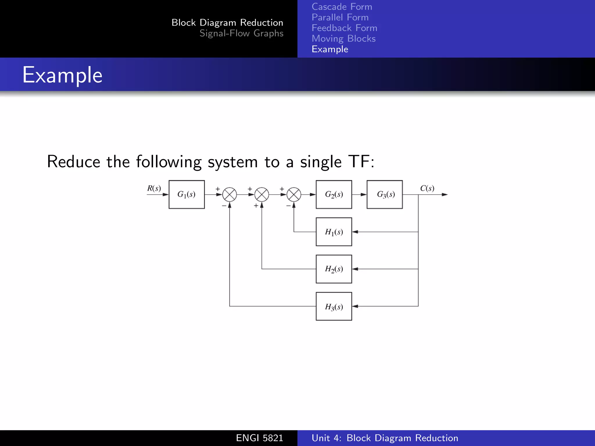 Block Diagram Reduction
Signal-Flow Graphs
Cascade Form
Parallel Form
Feedback Form
Moving Blocks
Example
Example
Reduce the following system to a single TF:
ENGI 5821 Unit 4: Block Diagram Reduction
 
