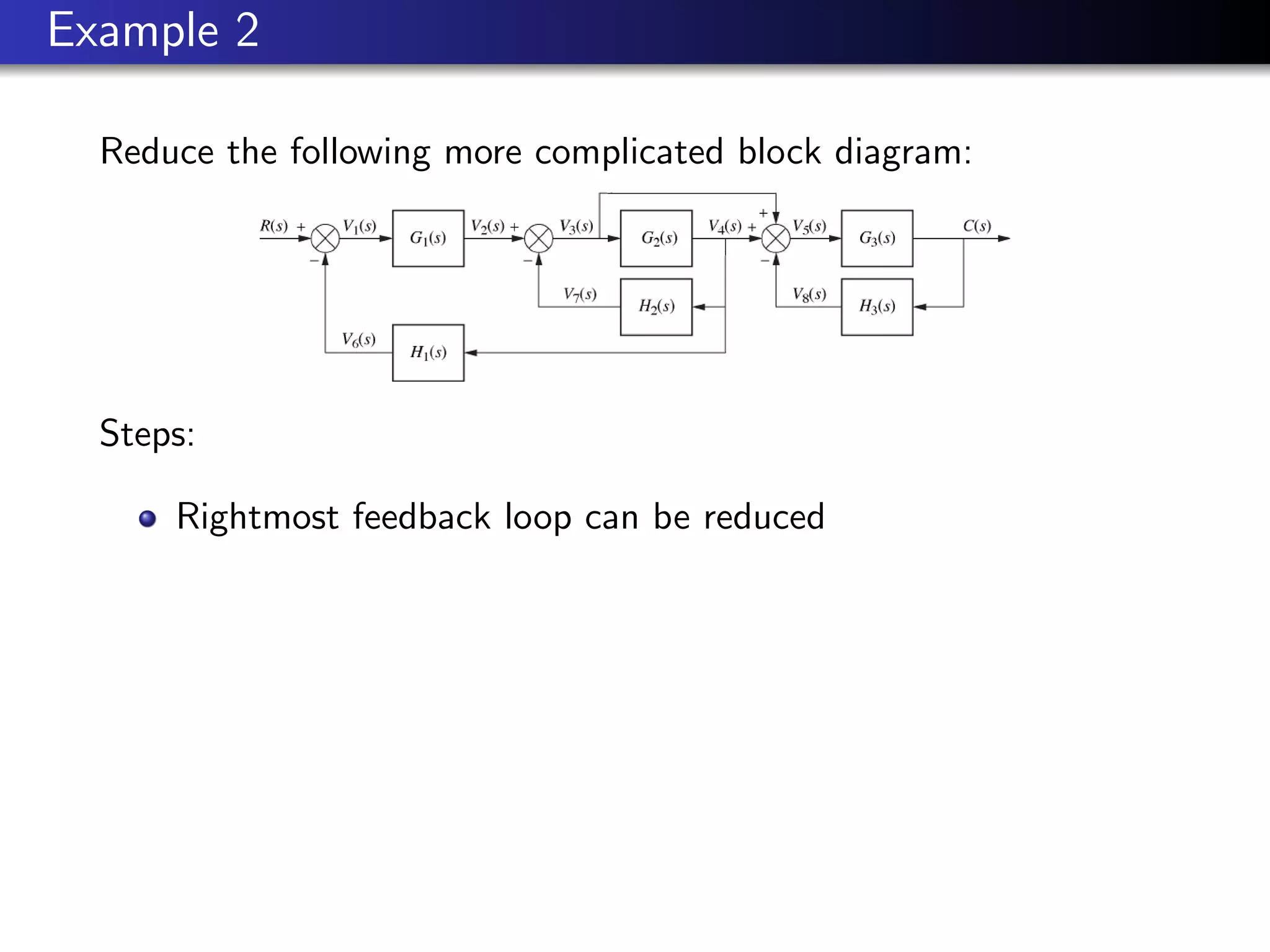 Example 2
Reduce the following more complicated block diagram:
Steps:
Rightmost feedback loop can be reduced
 