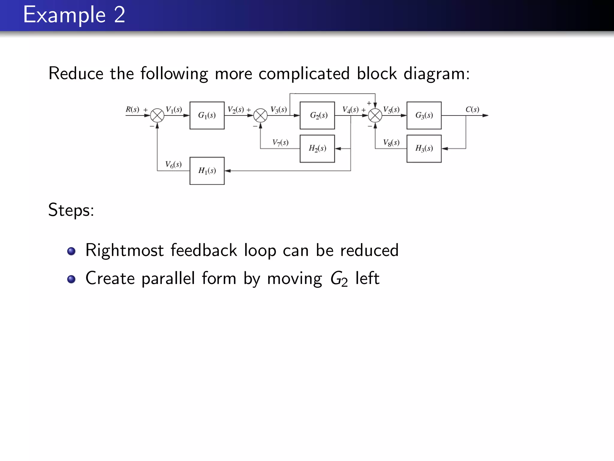 Example 2
Reduce the following more complicated block diagram:
Steps:
Rightmost feedback loop can be reduced
Create parallel form by moving G2 left
 