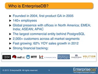 Who is EnterpriseDB?!
13
u  Founded in 2004, ﬁrst product GA in 2005!
u  140+ employees!
u  Global presence with ofﬁces in North America; EMEA;
India; ASEAN; APAC!
u  The largest commercial entity behind PostgreSQL!
u  2,000+ customers across all market segments!
u  Fast growing: 62% YOY sales growth in 2012!
u  Strong ﬁnancial backing:!
© 2013 EnterpriseDB. All rights reserved.
 