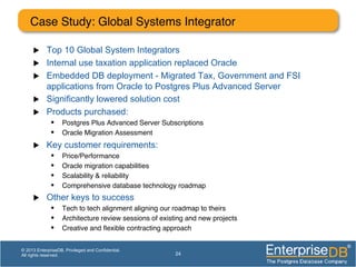 Case Study: Global Systems Integrator !
u  Top 10 Global System Integrators
u  Internal use taxation application replaced Oracle
u  Embedded DB deployment - Migrated Tax, Government and FSI
applications from Oracle to Postgres Plus Advanced Server
u  Significantly lowered solution cost
u  Products purchased:
•  Postgres Plus Advanced Server Subscriptions!
•  Oracle Migration Assessment!
u  Key customer requirements:
•  Price/Performance!
•  Oracle migration capabilities!
•  Scalability & reliability!
•  Comprehensive database technology roadmap!
u  Other keys to success
•  Tech to tech alignment aligning our roadmap to theirs!
•  Architecture review sessions of existing and new projects!
•  Creative and ﬂexible contracting approach!
24
© 2013 EnterpriseDB. Privileged and Confidential.
All rights reserved.
 