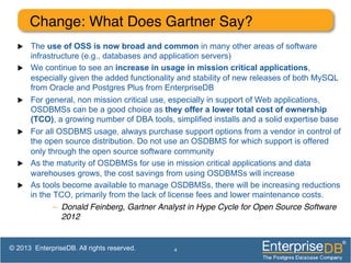 Change: What Does Gartner Say?!
u  The use of OSS is now broad and common in many other areas of software
infrastructure (e.g., databases and application servers)
u  We continue to see an increase in usage in mission critical applications,
especially given the added functionality and stability of new releases of both MySQL
from Oracle and Postgres Plus from EnterpriseDB
u  For general, non mission critical use, especially in support of Web applications,
OSDBMSs can be a good choice as they offer a lower total cost of ownership
(TCO), a growing number of DBA tools, simplified installs and a solid expertise base
u  For all OSDBMS usage, always purchase support options from a vendor in control of
the open source distribution. Do not use an OSDBMS for which support is offered
only through the open source software community
u  As the maturity of OSDBMSs for use in mission critical applications and data
warehouses grows, the cost savings from using OSDBMSs will increase
u  As tools become available to manage OSDBMSs, there will be increasing reductions
in the TCO, primarily from the lack of license fees and lower maintenance costs.
–  Donald Feinberg, Gartner Analyst in Hype Cycle for Open Source Software
2012!
4© 2013 EnterpriseDB. All rights reserved.
 