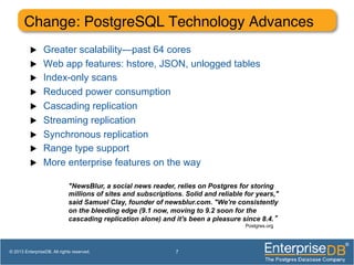 Change: PostgreSQL Technology Advances!
u  Greater scalability—past 64 cores
u  Web app features: hstore, JSON, unlogged tables
u  Index-only scans
u  Reduced power consumption
u  Cascading replication
u  Streaming replication
u  Synchronous replication
u  Range type support
u  More enterprise features on the way
7© 2013 EnterpriseDB. All rights reserved.
"NewsBlur, a social news reader, relies on Postgres for storing
millions of sites and subscriptions. Solid and reliable for years,"
said Samuel Clay, founder of newsblur.com. "We're consistently
on the bleeding edge (9.1 now, moving to 9.2 soon for the
cascading replication alone) and it's been a pleasure since 8.4.”
Postgres.org
 
