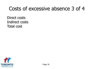Page 18
Costs of excessive absence 3 of 4
Direct costs
Indirect costs
Total cost
 