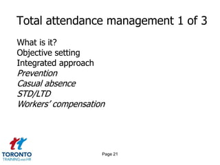 Page 21
Total attendance management 1 of 3
What is it?
Objective setting
Integrated approach
Prevention
Casual absence
STD/LTD
Workers’ compensation
 