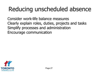 Page 27
Reducing unscheduled absence
Consider work-life balance measures
Clearly explain roles, duties, projects and tasks
Simplify processes and administration
Encourage communication
 