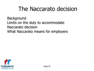 Page 34
The Naccarato decision
Background
Limits on the duty to accommodate
Naccarato decision
What Naccarato means for employers
 