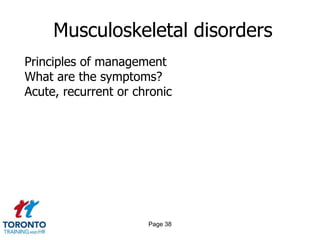 Page 38
Musculoskeletal disorders
Principles of management
What are the symptoms?
Acute, recurrent or chronic
 