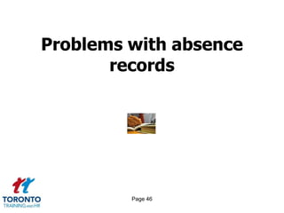 Page 46
Problems with absence
records
 