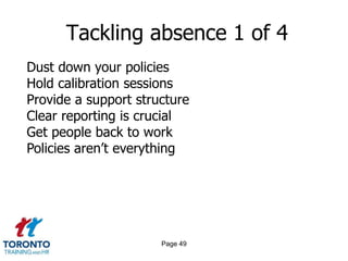 Page 49
Tackling absence 1 of 4
Dust down your policies
Hold calibration sessions
Provide a support structure
Clear reporting is crucial
Get people back to work
Policies aren’t everything
 