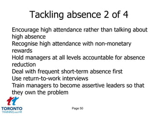 Page 50
Tackling absence 2 of 4
Encourage high attendance rather than talking about
high absence
Recognise high attendance with non-monetary
rewards
Hold managers at all levels accountable for absence
reduction
Deal with frequent short-term absence first
Use return-to-work interviews
Train managers to become assertive leaders so that
they own the problem
 