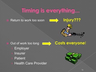  Return to work too soon Injury???
 Out of work too long Costs everyone!
› Employer
› Insurer
› Patient
› Health Care Provider
16
 