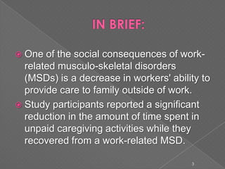  One of the social consequences of work-
related musculo-skeletal disorders
(MSDs) is a decrease in workers' ability to
provide care to family outside of work.
 Study participants reported a significant
reduction in the amount of time spent in
unpaid caregiving activities while they
recovered from a work-related MSD.
3
 