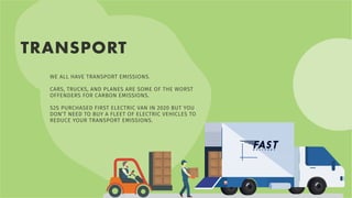 WE ALL HAVE TRANSPORT EMISSIONS.
CARS, TRUCKS, AND PLANES ARE SOME OF THE WORST
OFFENDERS FOR CARBON EMISSIONS.
S2S PURCHASED FIRST ELECTRIC VAN IN 2020 BUT YOU
DON’T NEED TO BUY A FLEET OF ELECTRIC VEHICLES TO
REDUCE YOUR TRANSPORT EMISSIONS.
TRANSPORT
 