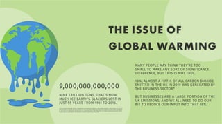 MANY PEOPLE MAY THINK THEY’RE TOO
SMALL TO MAKE ANY SORT OF SIGNIFICANCE
DIFFERENCE, BUT THIS IS NOT TRUE.
18%, ALMOST A FIFTH, OF ALL CARBON DIOXIDE
EMITTED IN THE UK IN 2019 WAS GENERATED BY
THE BUSINESS SECTOR*
BUT BUSINESSES ARE A LARGE PORTION OF THE
UK EMISSIONS, AND WE ALL NEED TO DO OUR
BIT TO REDUCE OUR INPUT INTO THAT 18%.
THE ISSUE OF
GLOBAL WARMING
9,000,000,000,000
NINE TRILLION TONS. THAT’S HOW
MUCH ICE EARTH’S GLACIERS LOST IN
JUST 55 YEARS FROM 1961 TO 2016.
*FACT SOURCED FROM BBC NEWS: 3 DEPARTMENT FOR BUSINESS, ENERGY & INDUSTRIAL STRATEGY. (2020, MARCH 26). 2019 UK
GREENHOUSE GAS EMISSIONS, PROVISIONAL FIGURES (26 MARCH 2020) [THIS PUBLICATION PROVIDES THE LATEST ESTIMATES
OF 1990-2019 UK TERRITORIAL GREENHOUSE GAS EMISSIONS WHICH ARE PRESENTED IN CARBON DIOXIDE EQUIVALENT UNITS
THROUGHOUT.]. DEPARTMENT FOR BUSINESS, ENERGY & INDUSTRIAL STRATEGY.
 