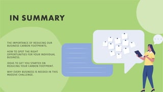 THE IMPORTANCE OF REDUCING OUR
BUSINESS CARBON FOOTPRINTS.
HOW TO SPOT THE RIGHT
OPPORTUNITIES FOR YOUR INDIVIDUAL
BUSINESS.
IDEAS TO GET YOU STARTED ON
REDUCING YOUR CARBON FOOTPRINT.
WHY EVERY BUSINESS IS NEEDED IN THIS
MASSIVE CHALLENGE.
IN SUMMARY
 