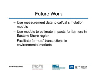 www.winrock.org
Future Work
– Use measurement data to cal/val simulation
models
– Use models to estimate impacts for farmers in
Eastern Shore region
– Facilitate farmers’ transactions in
environmental markets
 