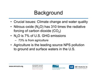 www.winrock.org
Background
• Crucial issues: Climate change and water quality
• Nitrous oxide (N2O) has 310 times the radiative
forcing of carbon dioxide (CO2)
• N2O is 7% of U.S. GHG emissions
– 73% is from agriculture
• Agriculture is the leading source NPS pollution
to ground and surface waters in the U.S.
 
