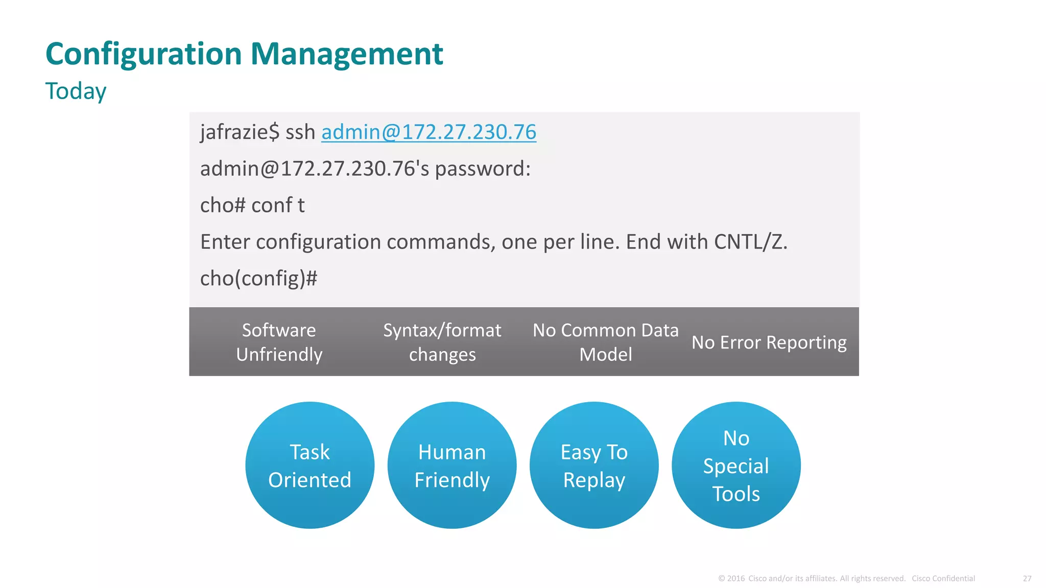 jafrazie$ ssh admin@172.27.230.76
admin@172.27.230.76's password:
cho# conf t
Enter configuration commands, one per line. End with CNTL/Z.
cho(config)#
Task
Oriented
Human
Friendly
Easy To
Replay
No
Special
Tools
Software
Unfriendly
Syntax/format
changes
No Common Data
Model
No Error Reporting
Configuration Management
Today
 