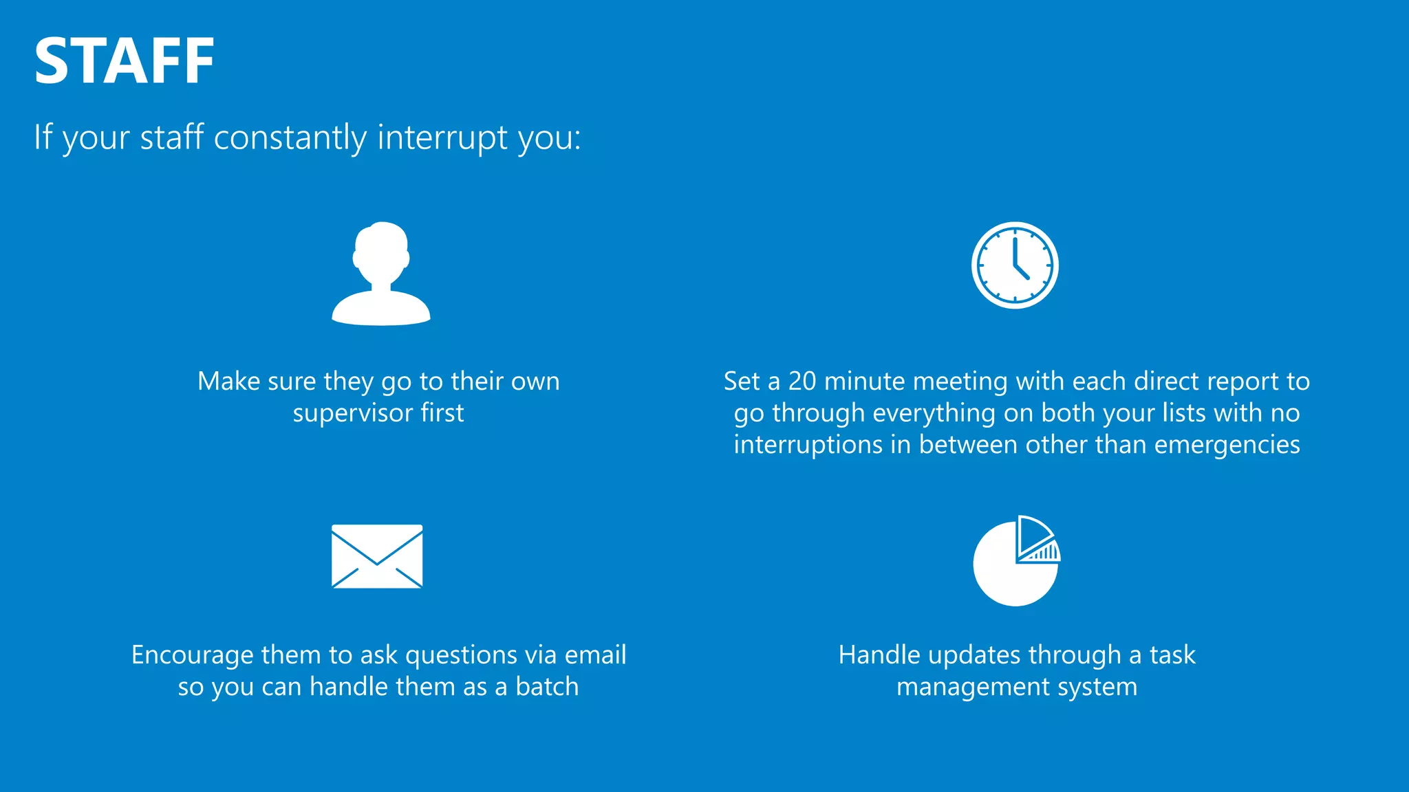 STAFF
Set a 20 minute meeting with each direct report to
go through everything on both your lists with no
interruptions in between other than emergencies
Make sure they go to their own
supervisor first
Handle updates through a task
management system
Encourage them to ask questions via email
so you can handle them as a batch
If your staff constantly interrupt you:
 