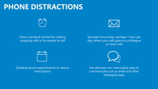 PHONE DISTRACTIONS
Set peak focus times, perhaps 1 hour per
day, where your calls goes to a colleague
or voice mail
Have a set block of time for making
outgoing calls or for people to call
Use alternate non-interruptive ways to
communicate such as email and other
messaging apps
Schedule phone appointments to reduce
interruptions
 