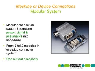 Machine or Device Connections
              Modular System


 Modular connection
  system integrating
  power, signal &
  pneumatics into
  hood/base
 From 2 to12 modules in
  one plug connector
  system.
 One cut-out necessary
 