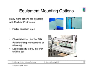 Equipment Mounting Options
Many more options are available
with Modular Enclosures:

•    Partial panels in x-y-z



•    Chassis bar for direct or DIN
     Rail mounting (components or
     wireway)
•    Load capacity to 500 lbs. Per
      oad capac ty          bs e
     chassis bar



    Panel Savings with New Enclosure Technology   B. Downing/Marketing/2010   12
 