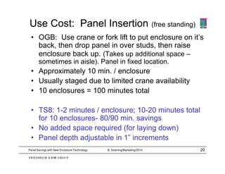 Use Cost: Panel Insertion                                                 (free standing)
 • OGB: Use crane or fork lift to put enclosure on it’s
   back, then drop panel in over studs, then raise
   enclosure back up (Takes up additional space –
                  up.
       sometimes in aisle). Panel in fixed location.
 • Approximately 10 min. / enclosure
 • Usually staged due to limited crane availability
 • 10 enclosures = 100 minutes total

 • TS8: 1-2 minutes / enclosure; 10-20 minutes total
   for 10 enclosures 80/90 min. savings
          enclosures-
 • No added space required (for laying down)
 • Panel depth adjustable in 1” increments
Panel Savings with New Enclosure Technology   B. Downing/Marketing/2010                     20
 