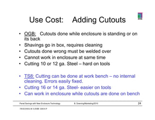 Use Cost:                           Adding Cutouts
• OGB: Cutouts done while enclosure is standing or on
  its b k
  it back
• Shavings go in box, requires cleaning
• Cutouts done wrong must be welded over
• Cannot work in enclosure at same time
• Cutting 10 or 12 ga. Steel – hard on tools

• TS8: Cutting can be done at work bench – no internal
  cleaning. Errors easily fixed.
• Cutting 16 or 14 ga. Steel- easier on tools
• Can work in enclosure while cutouts are done on bench
Panel Savings with New Enclosure Technology   B. Downing/Marketing/2010   24
 