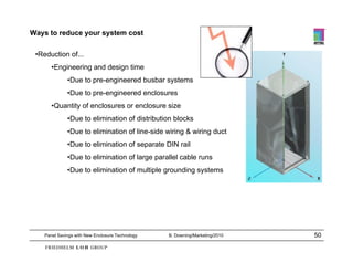 Ways to reduce your system cost

 •Reduction of...
       •Engineering and design time
              •Due to pre-engineered busbar systems
              •Due to pre-engineered enclosures
       •Quantity of enclosures or enclosure size
              •Due to elimination of distribution blocks
              •Due to elimination of line-side wiring & wiring duct
              •Due to elimination of separate DIN rail
              •Due to elimination of large parallel cable runs
              •Due to elimination of multiple grounding systems




    Panel Savings with New Enclosure Technology   B. Downing/Marketing/2010   50
 