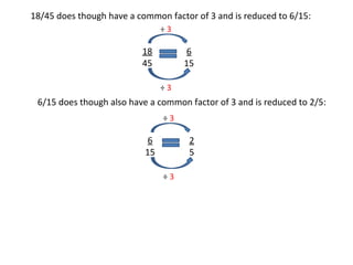 18/45 does though have a common factor of 3 and is reduced to 6/15:
÷3

18
45

6
15
÷3

6/15 does though also have a common factor of 3 and is reduced to 2/5:
÷3

6
15

2
5
÷3

 