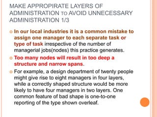 MAKE APPROPIRATE LAYERS OF
ADMINISTRATION TO AVOID UNNECESSARY
ADMINISTRATION 1/3
In our local industries it is a common mistake to
assign one manager to each separate task or
type of task irrespective of the number of
managerial jobs(nodes) this practice generates.
 Too many nodes will result in too deep a
structure and narrow spans.
 For example, a design department of twenty people
might give rise to eight managers in four layers,
while a correctly shaped structure would be more
likely to have four managers in two layers. One
common feature of bad shape is one-to-one
reporting of the type shown overleaf.


 